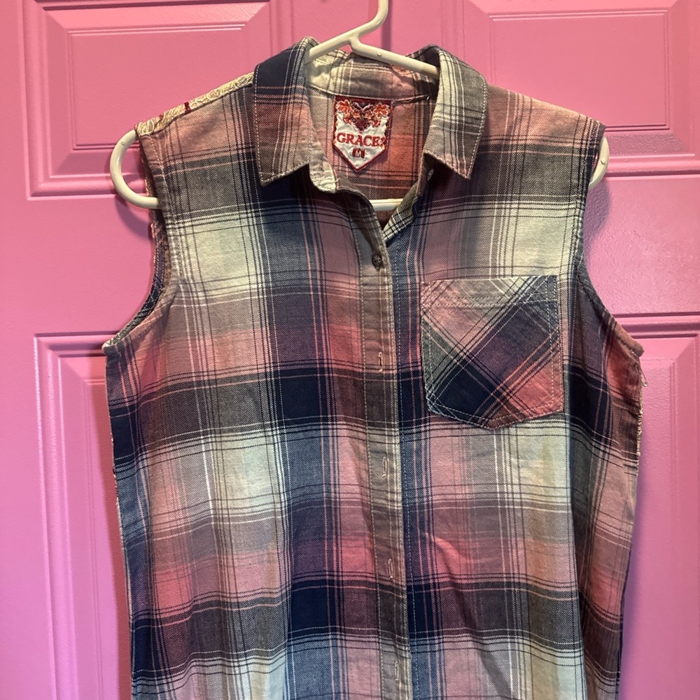 Grace Sleeveless Plaid High Low Dress‎ - Pink and Blue